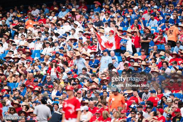 General view of fans watching the Toronto Blue Jays take on the Boston Red Sox during the game between the Boston Red Sox and the Toronto Blue Jays...