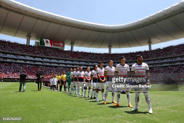 Players of Chivas and Athletic Club line up during the friendly match between Chivas and Athletic Club at Akron Stadium on July 16, 2023 in Zapopan,...