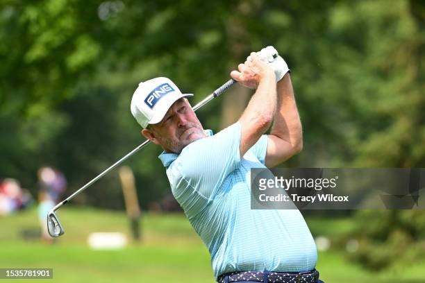 Jeff Maggert hits his tee shot at the fifth hole during the final round of the Kaulig Companies Championship at Firestone Country Club on July 16,...