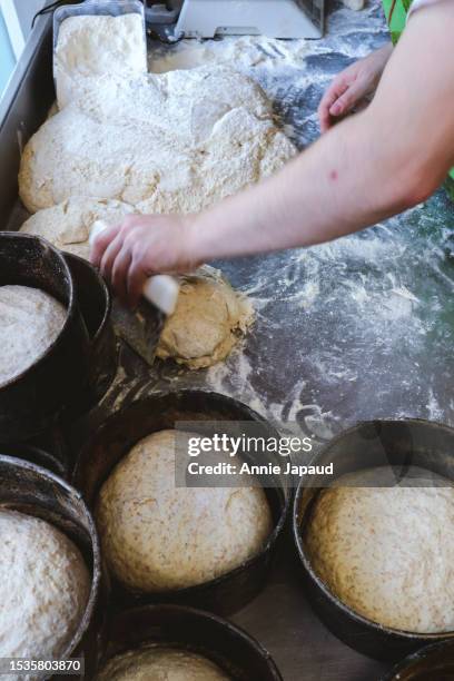 hands making bread, baking tins with unbaked brown soda bread in foreground, overhead view - galway people stock pictures, royalty-free photos & images