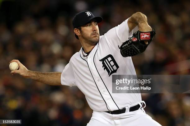 Justin Verlander of the Detroit Tigers throws a pitch against the Oakland Athletics during Game One of the American League Division Series at...