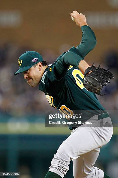Pat Neshek of the Oakland Athletics throws a pitch in the seveht inning against the Detroit Tigers during Game One of the American League Division...