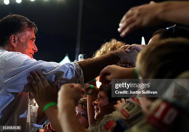 Republican presidential candidate, former Massachusetts Gov. Mitt Romney greets supporters during a campaign rally on October 6, 2012 in Apopka,...