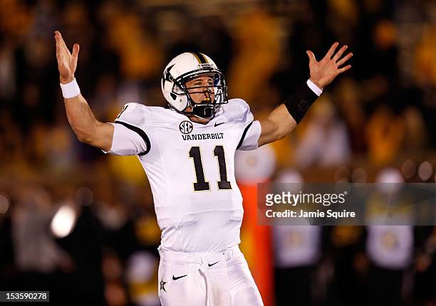 Quarterback Jordan Rodgers of the Vanderbilt Commodores celebrates as the Commodores defeat the Missouri Tigers with a final score of 19-15 to win...