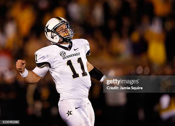 Quarterback Jordan Rodgers of the Vanderbilt Commodores celebrates as the Commodores defeat the Missouri Tigers with a final score of 19-15 to win...