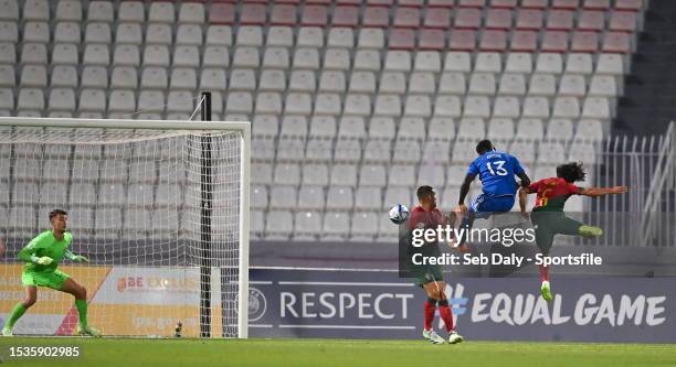 Michael Olabode Kayode of Italy heads his side's first goal during the UEFA European Under-19 Championship 2022/23 final match between Portugal and...