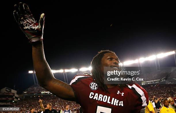 Jadeveon Clowney of the South Carolina Gamecocks celebrates after their 35-7 win over the Georgia Bulldogs at Williams-Brice Stadium on October 6,...