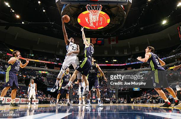 Rudy Gay of the Memphis Grizzlies goes to the basket against Martynas Pocius of Real Madrid on October 6, 2012 at FedExForum in Memphis, Tennessee....