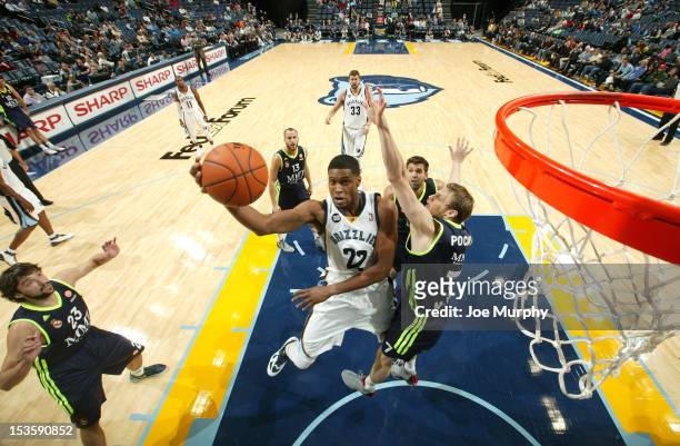 Rudy Gay of the Memphis Grizzlies goes to the basket against Martynas Pocius of Real Madrid on October 6, 2012 at FedExForum in Memphis, Tennessee....