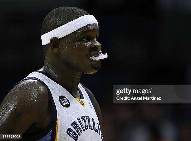 Zach Randolph of the Memphis Grizzlis looks on during the Euroleague American Tour 12 game between Memphis Grizzlies and Real Madrid at FedExForum on...