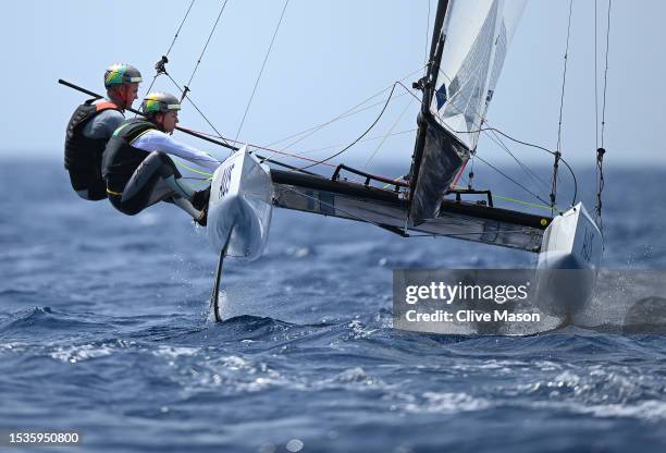 Lisa Darmanin and Darren Bundock of Australia in action during a Mixed Multihull race on day three of the Paris 2024 Olympic Sailing test event at...