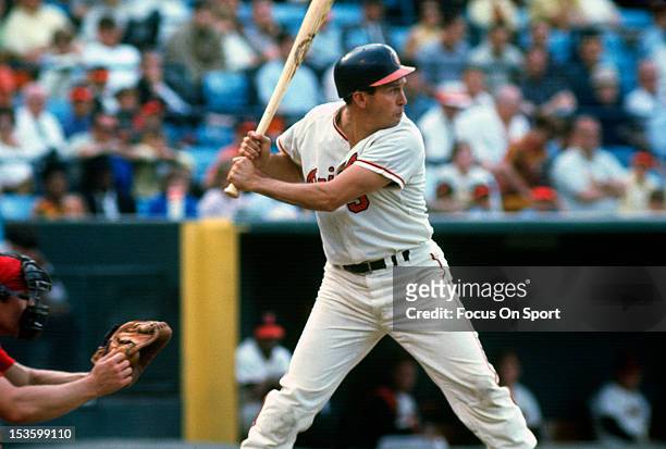 Brooks Robinson of the Baltimore Orioles bats during an Major League Baseball game circa 1968 at Memorial Stadium in Baltimore, Maryland. Robinson...
