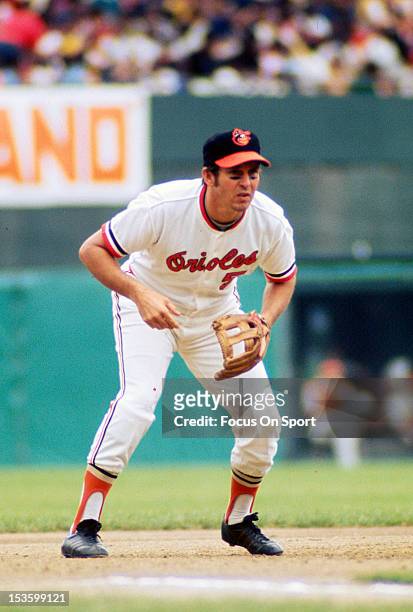 Brooks Robinson of the Baltimore Orioles is down and ready to make a play on the ball during an Major League Baseball game circa 1970 at Memorial...