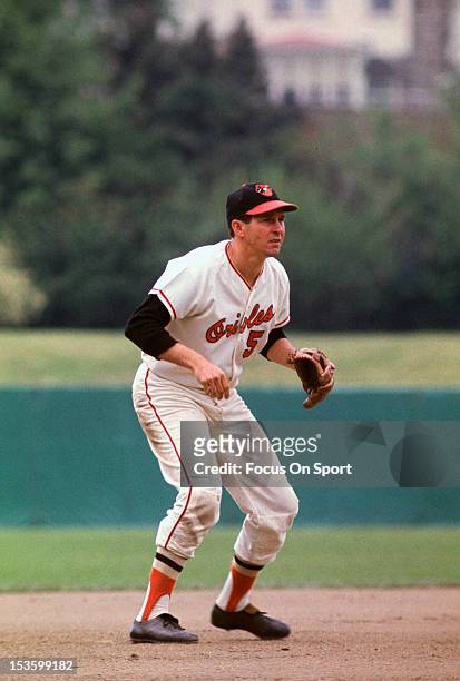 Brooks Robinson of the Baltimore Orioles is down and ready to make a play on the ball during an Major League Baseball game circa 1968 at Memorial...