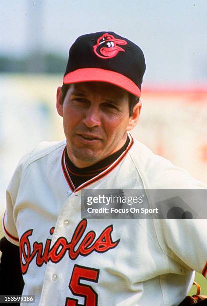 Brooks Robinson of the Baltimore Orioles looks on before the start of a spring training Major League Baseball game circa 1968. Robinson played for...