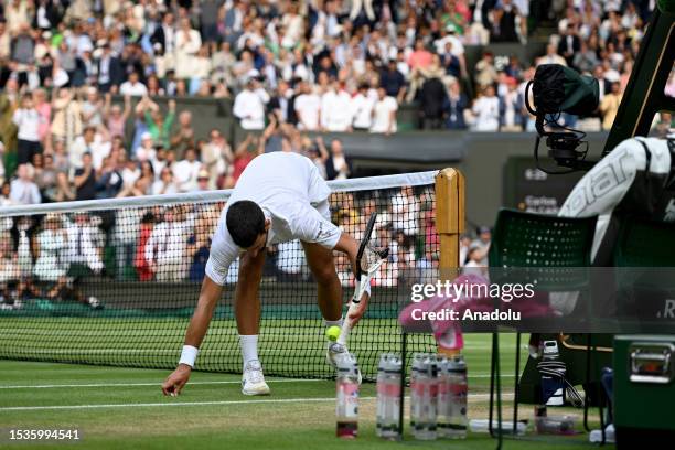 Novak Djokovic of Serbia's smashed racket during the Men's Singles Final against Carlos Alcaraz of Spain on day fourteen of The Championships...