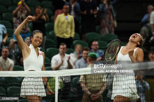 Taiwan's Hsieh Su-wei and Czech Republic's Barbora Strycova celebrtae beating Australia's Storm Hunter and Belgium's Elise Mertens, during their...