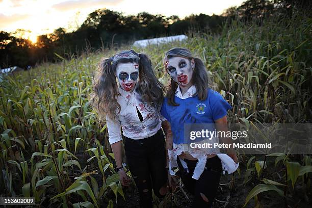 Visitors to the Shocktober Fest dressed as zombies pose at Tulleys Farm on October 6, 2012 in Turners Hill, England. People dressed as zombies from...
