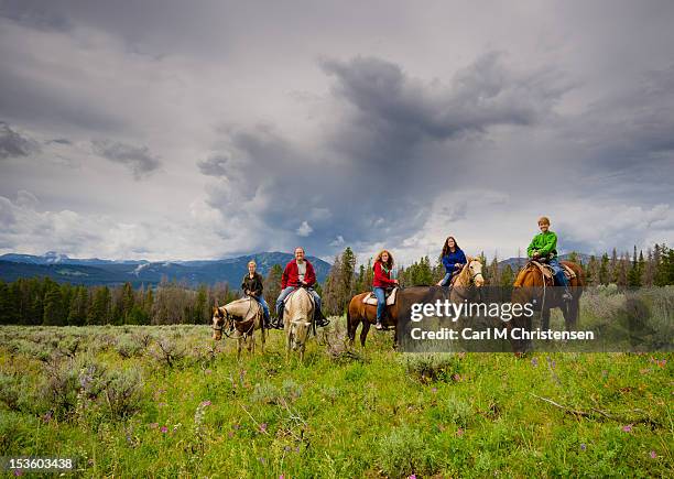 family on horse back - recreational horseback riding stock pictures, royalty-free photos & images