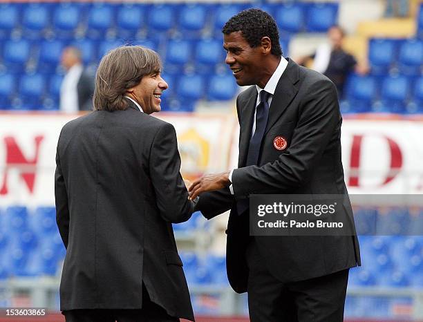 The new members of the AS Roma Hall of Fame Bruno Conti and Aldair speak during a ceremony before the Serie A match between AS Roma and Atalanta BC...