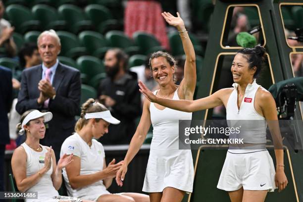 Taiwan's Hsieh Su-wei and Czech Republic's Barbora Strycova celebrate beating Australia's Storm Hunter and Belgium's Elise Mertens, after their...