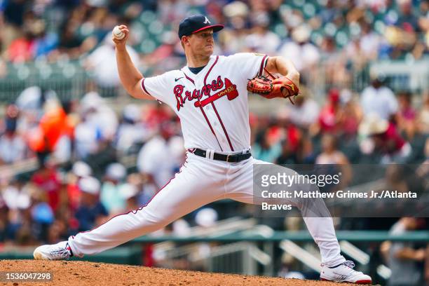 Michael Soroka of the Atlanta Braves pitches in the fifth inning during the game against the Chicago White Sox at Truist Park on July 16, 2023 in...