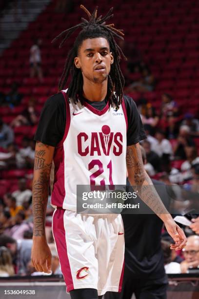 Emoni Bates of the Cleveland Cavaliers looks on during the game against the Brooklyn Nets during the 2023 NBA Las Vegas Summer League Semifinals on...