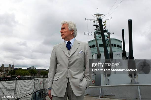 Best-selling author Ken Follett photographed on board HMS Belfast moored near Tower Bridge on the River Thames, London. Mr Follett's thrillers and...