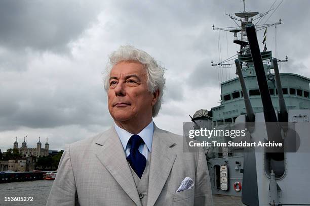 Best-selling author Ken Follett photographed on board HMS Belfast moored near Tower Bridge on the River Thames, London. Mr Follett's thrillers and...