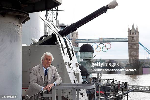 Best-selling author Ken Follett photographed on board HMS Belfast moored near Tower Bridge on the River Thames, London. Mr Follett's thrillers and...