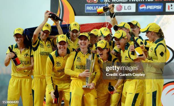 Australia celebrate winning the ICC Women's World Twenty20 2012 Final between Australia and England at R. Premadasa Stadium on October 7, 2012 in...