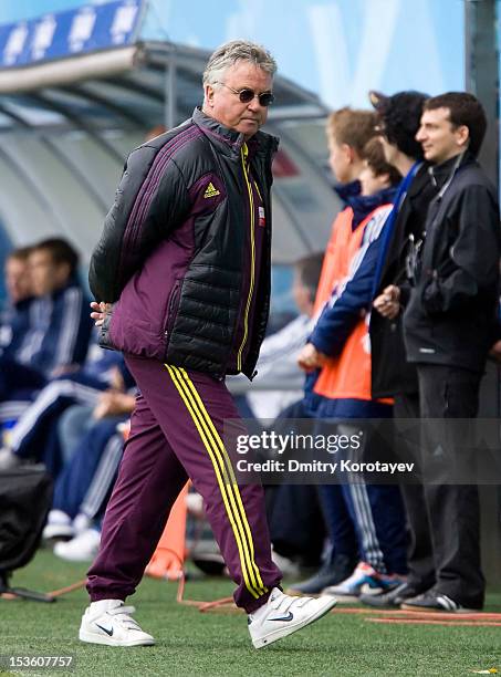 Head coach Guus Hiddink of FC Anji Makhachkala looks on during the Russian Premier League match between FC Dynamo Moscow and FC Anji Makhachkala at...