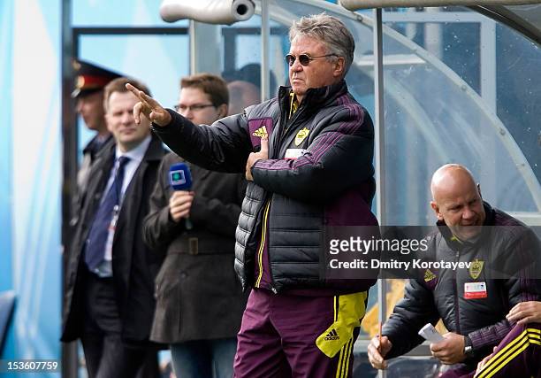 Head coach Guus Hiddink of FC Anji Makhachkala gestures during the Russian Premier League match between FC Dynamo Moscow and FC Anji Makhachkala at...