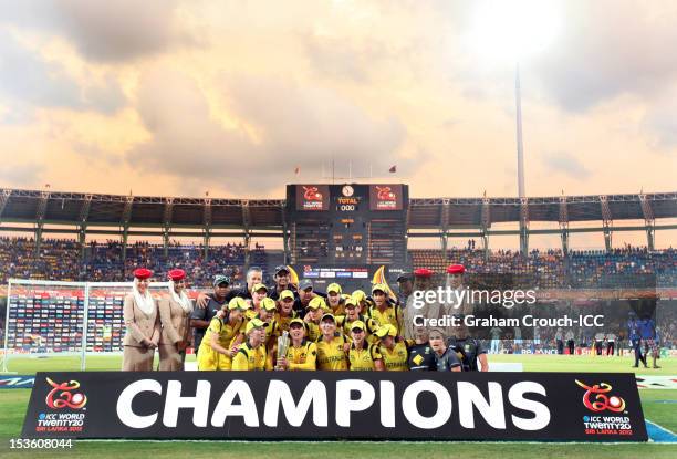 Captain Jodie Fields of Australia leads celebrations after defeating England during the ICC Women's World Twenty20 2012 Final between England and...