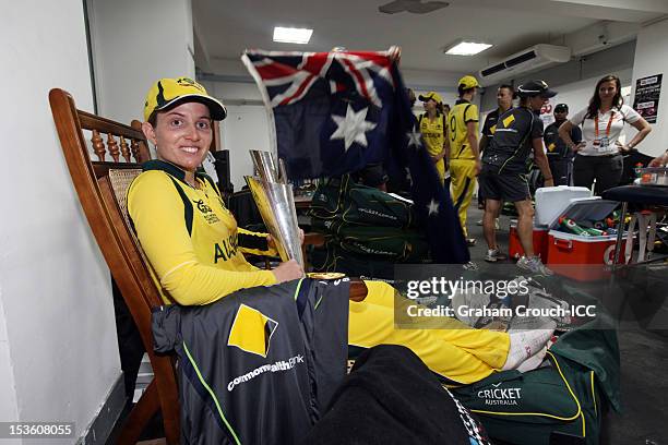 Captain Jodie Fields of Australia leads celebrations after defeating England during the ICC Women's World Twenty20 2012 Final between England and...