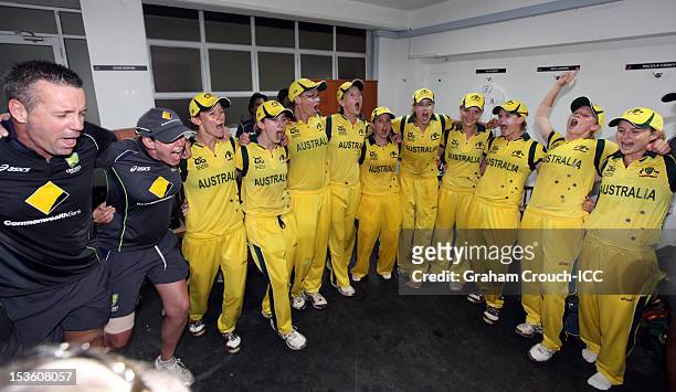 Captain Jodie Fields of Australia leads celebrations after defeating England during the ICC Women's World Twenty20 2012 Final between England and...