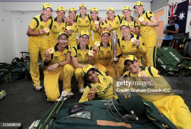 Captain Jodie Fields of Australia leads celebrations after defeating England during the ICC Women's World Twenty20 2012 Final between England and...