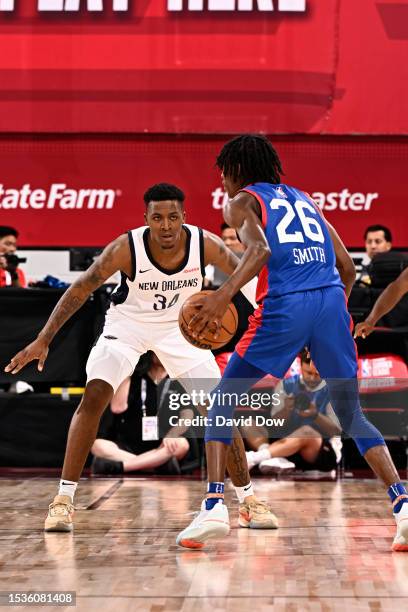 Landers Nolley II of the New Orleans Pelicans plays defense during the 2023 NBA Las Vegas Summer League on July 16, 2023 at the Cox Pavilion in Las...