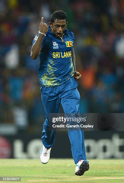 Ajantha Mendis of Sri Lanka celebrates dismissing Kieron Pollard of the West Indies during the ICC World Twenty20 2012 Final between Sri Lanka and...