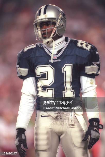 Deion Sanders of the Dallas Cowboys looks on during a football game against the Washington Redskins the at Jack Kent Cooke Stadium on October13, 1997...