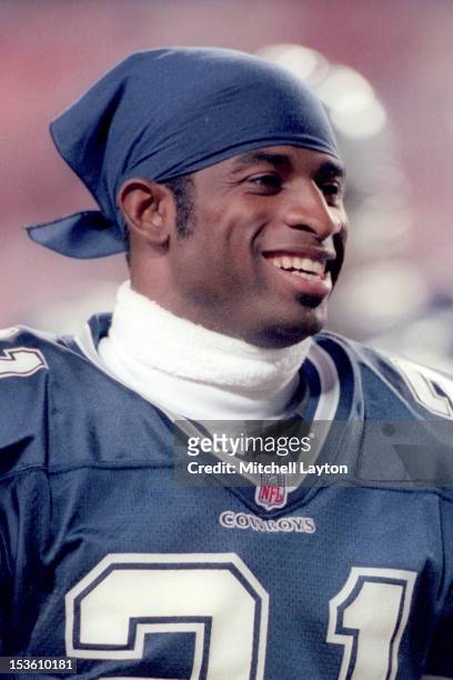 Deion Sanders of the Dallas Cowboys looks onduring a football game against the Washington Redskins the at Jack Kent Cooke Stadium on October13, 1997...