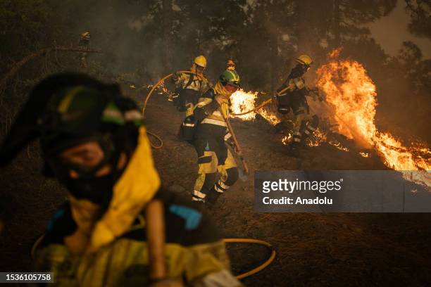 Operators of the EIRIF, BRIFOR and UME, work in the extinguishing of the forest fire declared on July 15 at dawn in La Palma, Canary Islands, Spain...