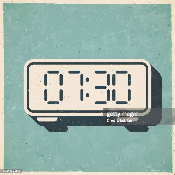 digitaluhr. ikone im retro-vintage-stil - altes strukturiertes papier - digitaluhr stock-grafiken, -clipart, -cartoons und -symbole