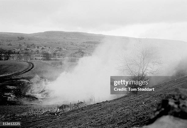 The carcases of livestock infected by foot and mouth disease burning on a farm near Penrith in Cumbria, July 2001. The epidemic of foot-and-mouth...