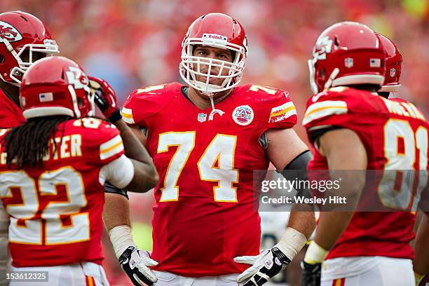 Eric Winston of the Kansas City Chiefs in the huddle during a game against the San Diego Chargers at Arrowhead Stadium on September 30, 2012 in...