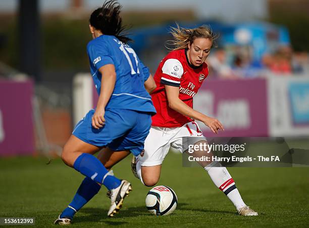 Gemma Davidson of Arsenal evades the tackle of Rachel Unitt of Birmingham during the FA Women's Super League match between Birmingham City Ladies FC...