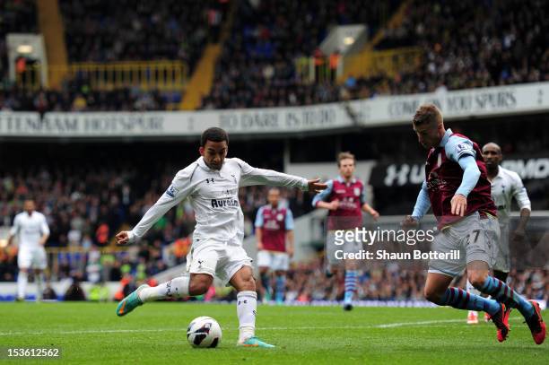 Aaron Lennon of Tottenham Hotspur scores their second goal during the Barclays Premier League match between Tottenham Hotspur and Aston Villa at...