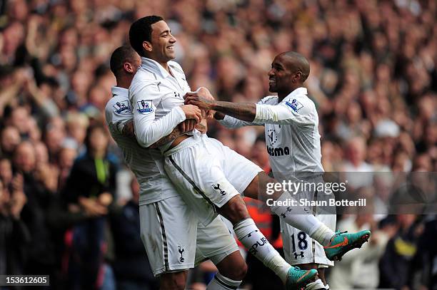 Aaron Lennon of Tottenham Hotspur celebrates scoring their second goal with Kyle Walker of Tottenham Hotspur and Jermain Defoe of Tottenham Hotspur...