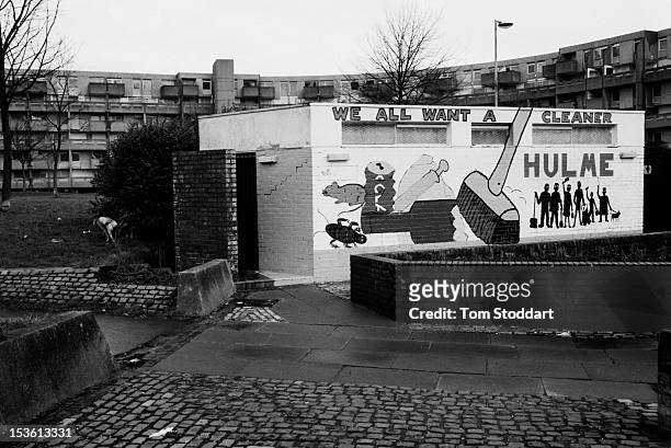 Exteriors of some of the the notorious high density council housing at Hulme crescents in south west Manchester. The apartment blocks were built in...