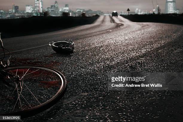 car leaves the scene of a recent cycle accident - motor vehicle accident injury stock pictures, royalty-free photos & images